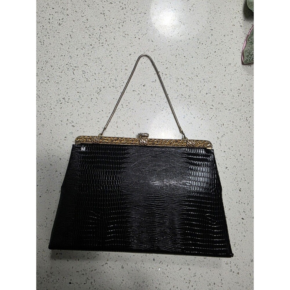 Vintage After Five black reptile or faux alligator leather handbag 1950s 1960s